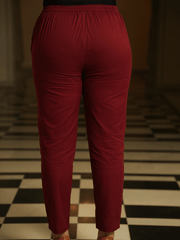 Embroidered Soft Cotton Solid A-line Maroon Kurta, Tapered Trousers & Dupatta