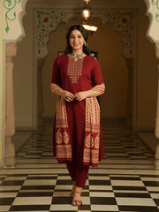 Embroidered Soft Cotton Solid A-line Maroon Kurta, Tapered Trousers & Dupatta