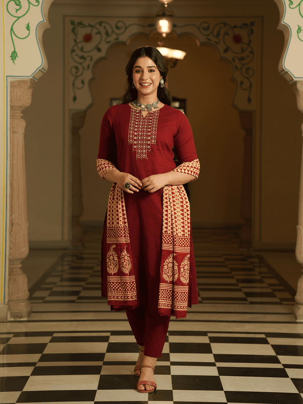 Embroidered Soft Cotton Solid A-line Maroon Kurta, Tapered Trousers & Dupatta