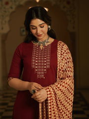 Embroidered Soft Cotton Solid A-line Maroon Kurta, Tapered Trousers & Dupatta