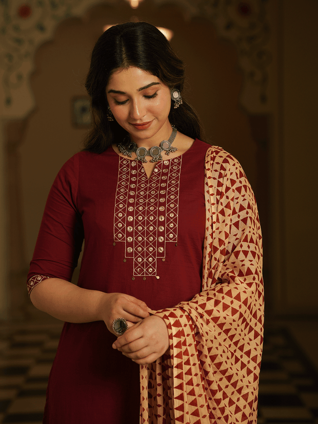 Embroidered Soft Cotton Solid A-line Maroon Kurta, Tapered Trousers & Dupatta
