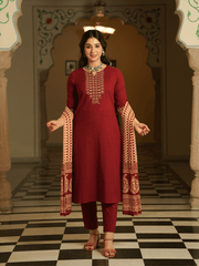 Embroidered Soft Cotton Solid A-line Maroon Kurta, Tapered Trousers & Dupatta