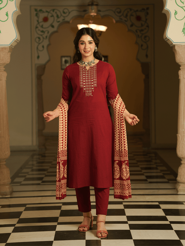 Embroidered Soft Cotton Solid A-line Maroon Kurta, Tapered Trousers & Dupatta