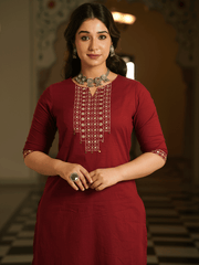 Embroidered Soft Cotton Solid A-line Maroon Kurta, Tapered Trousers & Dupatta