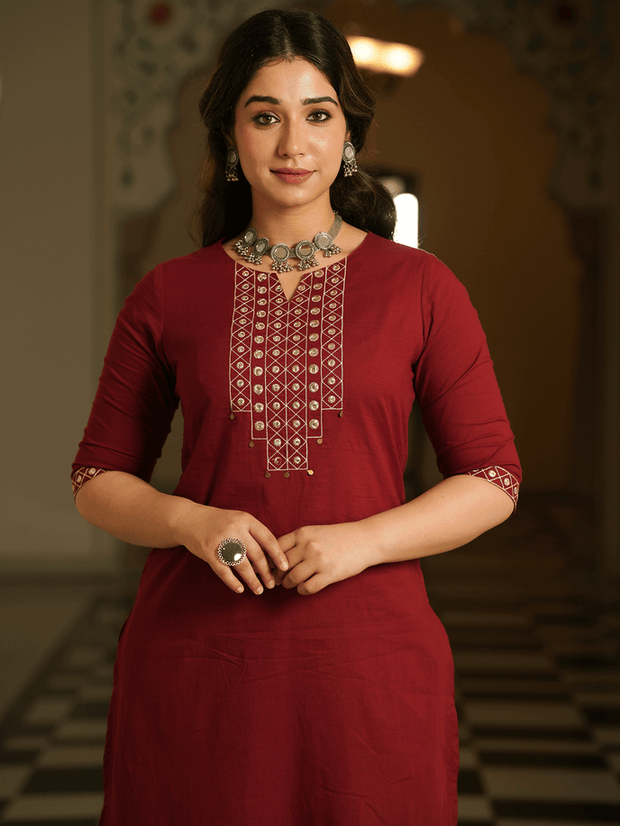 Embroidered Soft Cotton Solid A-line Maroon Kurta, Tapered Trousers & Dupatta