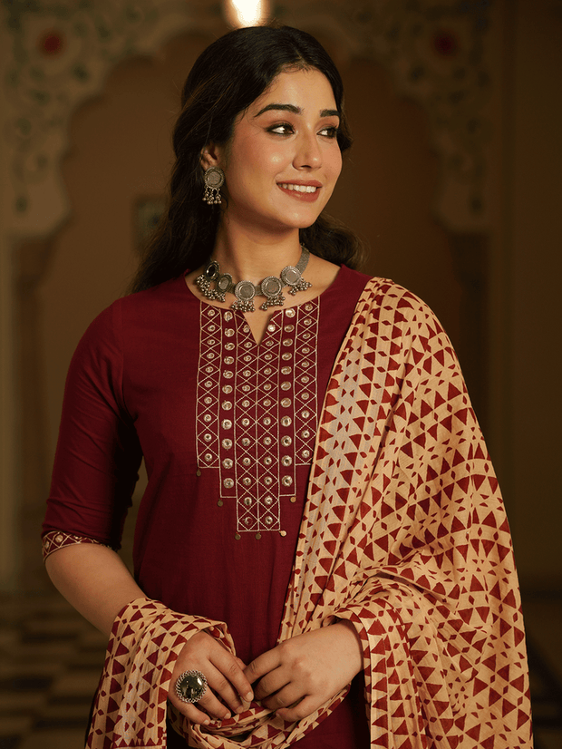 Embroidered Soft Cotton Solid A-line Maroon Kurta, Tapered Trousers & Dupatta