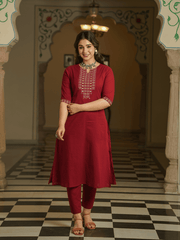 Embroidered Soft Cotton Solid A-line Maroon Kurta, Tapered Trousers & Dupatta