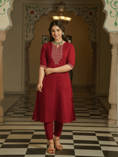 Embroidered Soft Cotton Solid A-line Maroon Kurta, Tapered Trousers & Dupatta