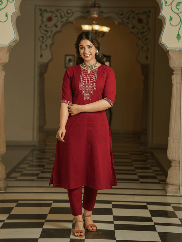 Embroidered Soft Cotton Solid A-line Maroon Kurta, Tapered Trousers & Dupatta