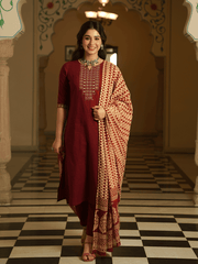 Embroidered Soft Cotton Solid A-line Maroon Kurta, Tapered Trousers & Dupatta