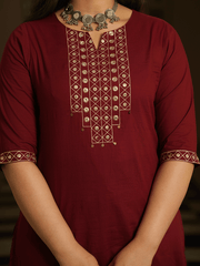 Embroidered Soft Cotton Solid A-line Maroon Kurta, Tapered Trousers & Dupatta