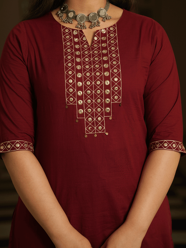 Embroidered Soft Cotton Solid A-line Maroon Kurta, Tapered Trousers & Dupatta