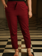 Embroidered Soft Cotton Solid A-line Maroon Kurta, Tapered Trousers & Dupatta