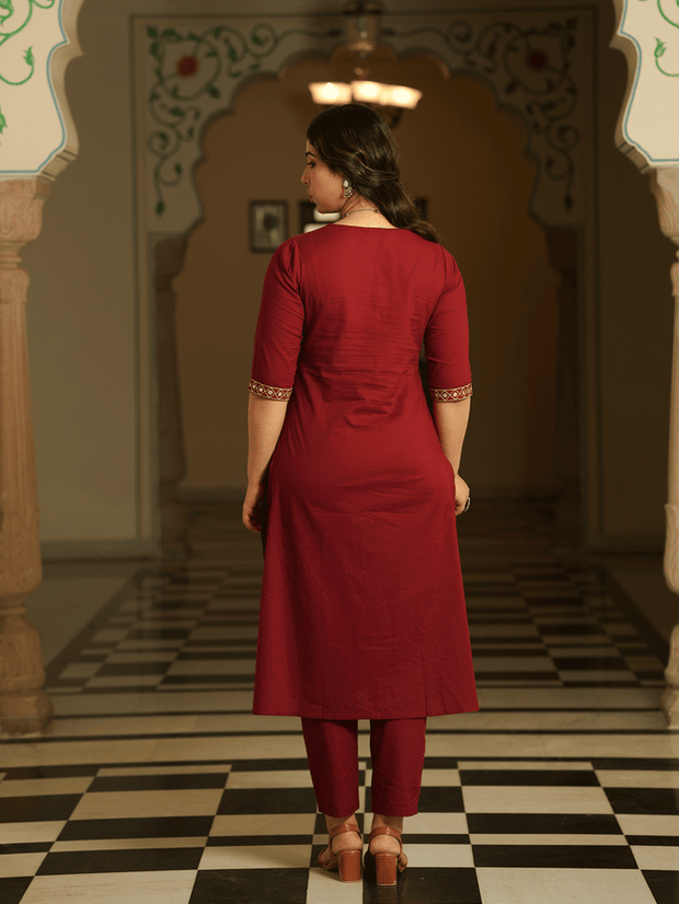 Embroidered Soft Cotton Solid A-line Maroon Kurta, Tapered Trousers & Dupatta