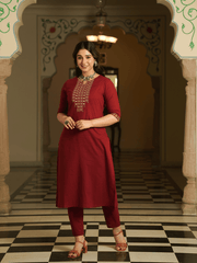 Embroidered Soft Cotton Solid A-line Maroon Kurta, Tapered Trousers & Dupatta
