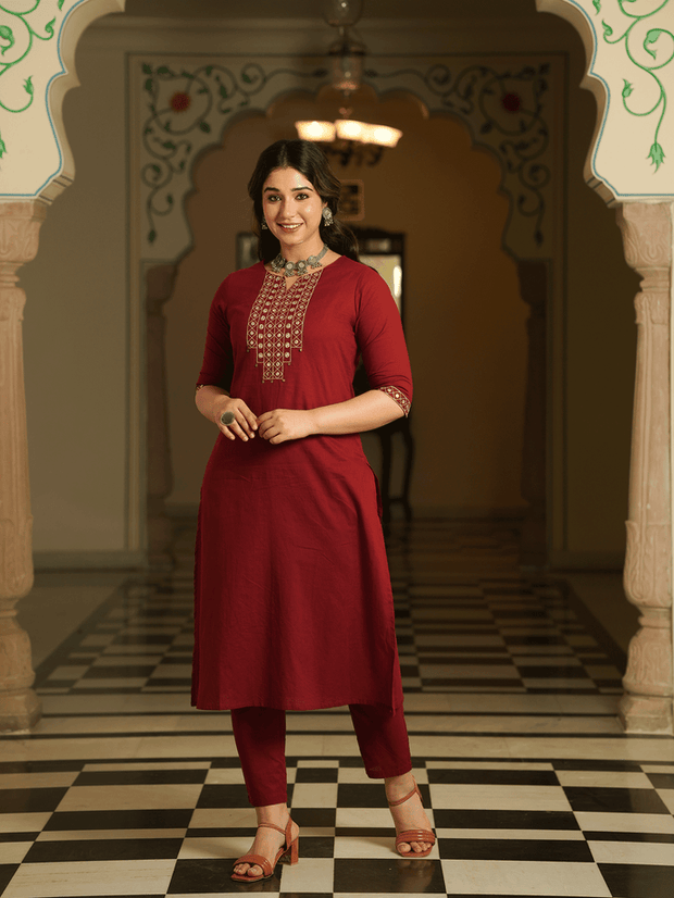 Embroidered Soft Cotton Solid A-line Maroon Kurta, Tapered Trousers & Dupatta