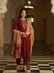 Embroidered Soft Cotton Solid A-line Maroon Kurta, Tapered Trousers & Dupatta