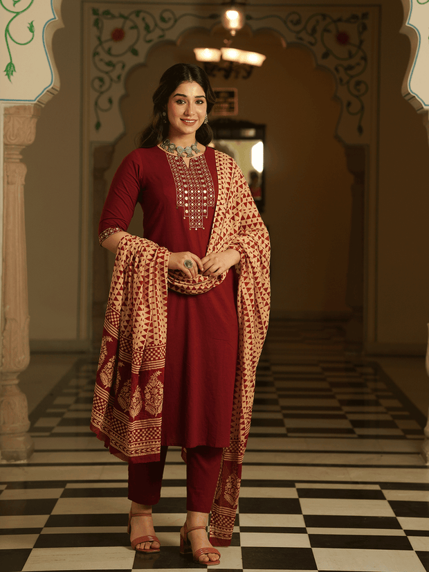 Embroidered Soft Cotton Solid A-line Maroon Kurta, Tapered Trousers & Dupatta