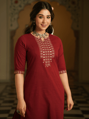 Embroidered Soft Cotton Solid A-line Maroon Kurta, Tapered Trousers & Dupatta