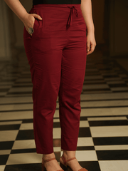 Embroidered Soft Cotton Solid A-line Maroon Kurta, Tapered Trousers & Dupatta