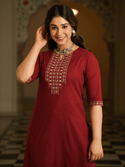 Embroidered Soft Cotton Solid A-line Maroon Kurta, Tapered Trousers & Dupatta